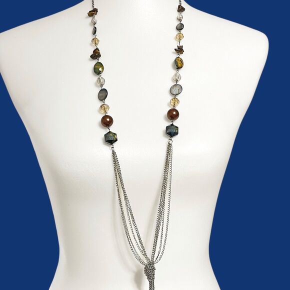 Chunky Stone Crystal Necklace Chain Tassel Silver Tone Long Y Drop Boho Chic - Picture 1 of 7